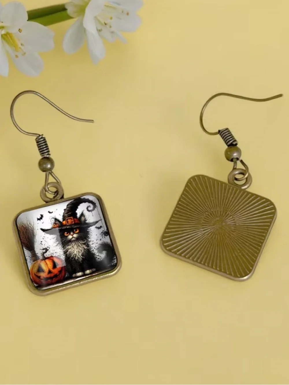 Halloween Cat Pumpkin Drop Earrings in Black and Orange